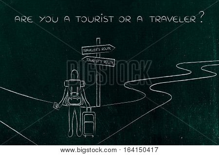 Traveler Or Tourist: Person With Backpack And Bag At Crosspath