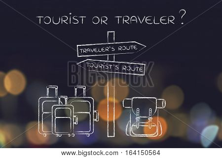 Traveler Or Tourist: Crosspath With Road Sign And Bags