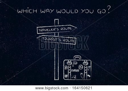 Traveler Or Tourist's Route: Crosspath With Road Sign And Bag