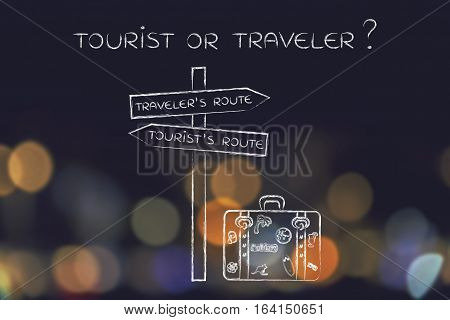 Traveler Or Tourist's Route: Crosspath With Road Sign And Bag