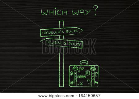 Traveler Or Tourist's Route: Crosspath With Road Sign And Bag