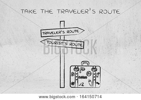 Traveler Or Tourist's Route: Crosspath With Road Sign And Bag