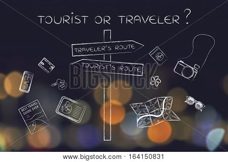 Traveler Or Tourist's Route: Crosspath Road Sign And Mixed Objects