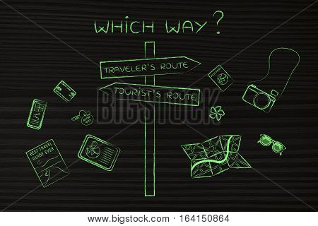 Traveler Or Tourist's Route: Crosspath Road Sign And Mixed Objects