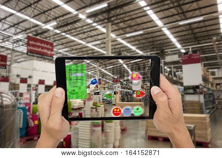 internet of things marketing concepts,smart augmented reality,customer hold the tablet to see the product that search by ai application with hot deal,promotion code