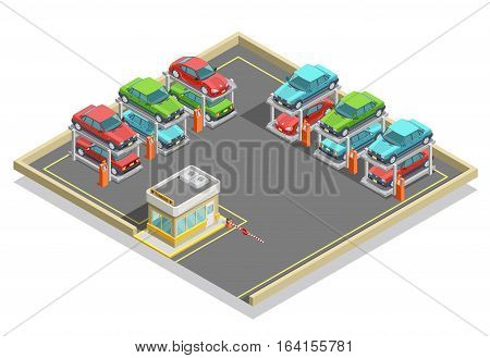 Automatic parking isometric concept with colorful cars positioning in two lines and stages vector illustration