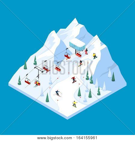 Ski lift isometric tiled landscape design with scaled down snowy mountain piste with pennants and skiers vector illustration