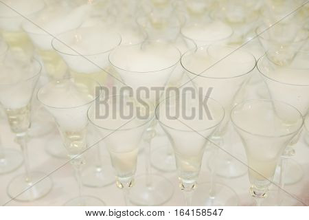 Restaurant champagne glasses arrangements for wedding reception