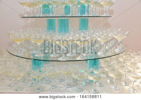 Restaurant champagne glasses arrangements for wedding reception