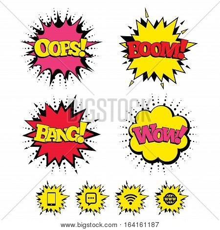 Comic Boom, Wow, Oops sound effects. Communication icons. Smartphone and chat speech bubble symbols. Wifi and internet globe signs. Speech bubbles in pop art. Vector