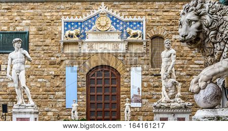 Statues of David and Hercules near Palazzo Vecchio in the Piazza della Signoria. Medici lion. Loggia dei Lanzi. Florence, Italy.