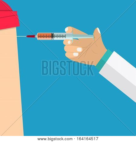 Doctor Hand with syringe making vaccination.Medicine healthcare concept, Vector illustration for web, mobile app in flat style