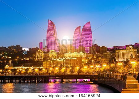 Baku Azerbaijan - September 22 2016: Sunset over the Flame Towers. Flame Towers are new skyscrapers in Baku. The Republic of Azerbaijan