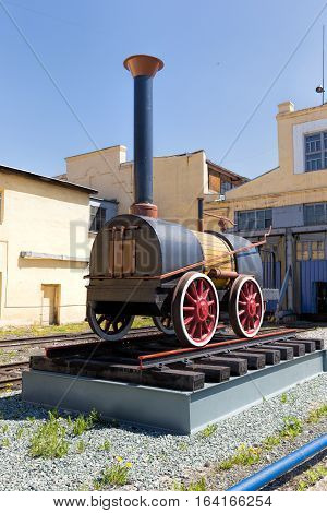 Nizhny Tagil Russia - May 21 2016: Monument to the first steam locomotive in Russia