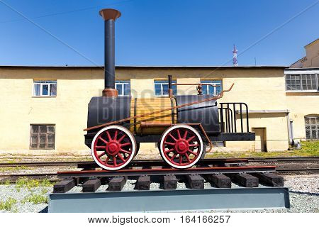 Nizhny Tagil Russia - May 21 2016: Monument to the first steam locomotive in Russia