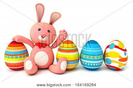 Cute plush bunny sitting in the same row with easter eggs. Isolated on white background. 3D illustration. 3D rendering
