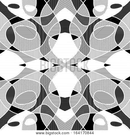 White And Black Geometric Mosaic Background With Hatched Fragments, Vector Patterned Tile