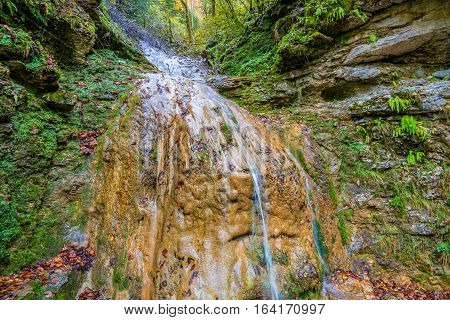 Beautiful landscape with forest waterfall and lush foliage in autumn