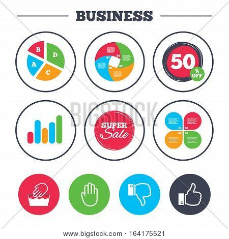Business pie chart. Growth graph. Hand icons. Like and dislike thumb up symbols. Not machine washable sign. Stop no entry. Super sale and discount buttons. Vector