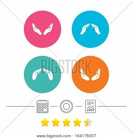 Hands icons. Insurance protection signs. Human helping donation hands. Prayer meditation hands sybmols. Calendar, cogwheel and report linear icons. Star vote ranking. Vector