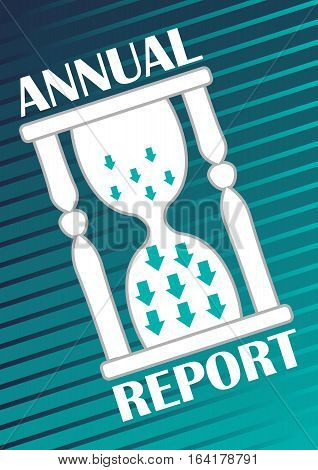 Annual report cover with hourglass with arrows on abstract green and blue striped background. Modern vector abstract cover for annual summary of economic or marketing results