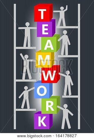 Team work presentation slide with inscription on colorful cubes and people figures on scaffolding or ladder. Image resembling a construction kit graphic supplement to training