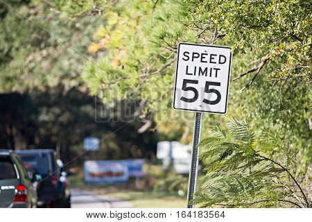 White sign with "speed limit 55" printed in black on country road