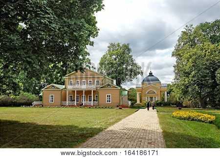 TARKHANI RUSSIA - AUGUST 28 2016: General view at the manor house and church of the Lermontov estate Tarkhani
