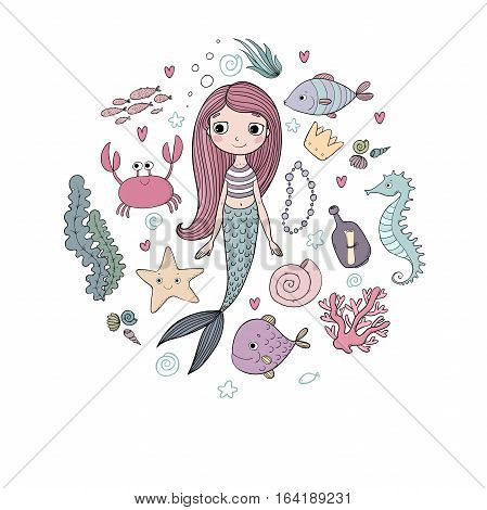 Marine illustrations set. Little cute cartoon mermaid, funny fish, starfish, bottle with a note, algae, various shells and crab. Sea theme. isolated objects on white background. Vector.