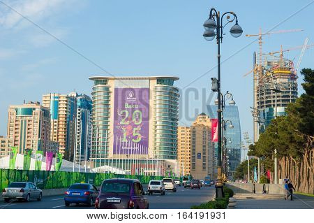 Baku Azerbaijan, June 3, 2015. Preparations for the first European Olympic Games, the central avenue of the city
