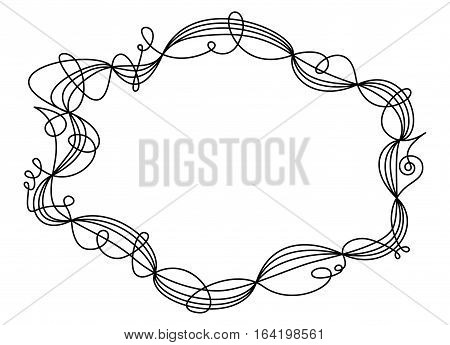 Single swing thread frame. Decorative ornament and border for text and images. One line going five times around shaping an ellipse like a wire sculpture. Black illustration on white background. Vector