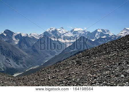 View from the highland pass Karaturek to the Altai Mountains with snowcaps, mountain Beluha and Akem valley