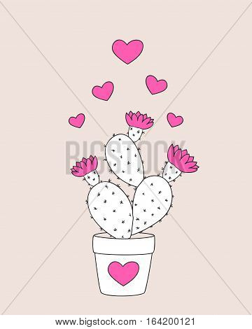 Valentine card with doodle cactus in the flower pot. Image for invitation save date wedding romantic holiday print for decorate t-shirt tunic bag dishes. eps 10.