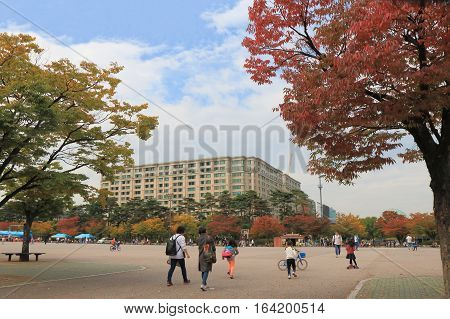 SEOUL SOUTH KOREA - OCTOBER 22, 2016: Unidentified people visit Yeouido Park in Seoul.