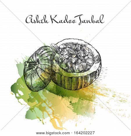 Asheh Kadoo Tanbal watercolor effect illustration. Vector illustration of Persian cuisine.