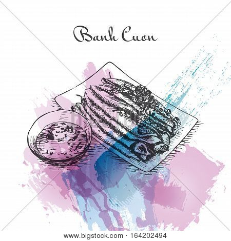 Banh Cuon watercolor effect illustration. Vector illustration of Vietnamese cuisine.