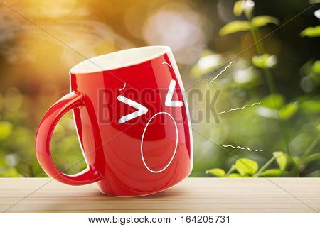 Red coffee cup empty front porch the morning. Good morning or Have a happy day message concept