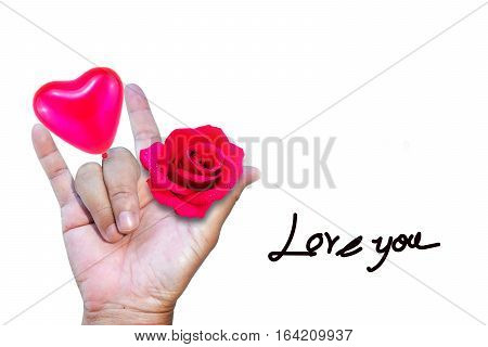 Right-hand show love signal red balloon heart red rose for background idea of sending sweet feeling to someone with love Valentine day