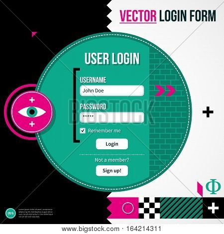 Web Site Login Form In Weird Geometric Style With Abstract Shapes And Flashy Colors. Eps10 Vector Te