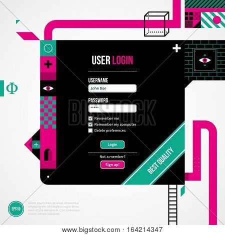 Web Site Login Form In Weird Geometric Style With Abstract Shapes And Flashy Colors. Eps10 Vector Te