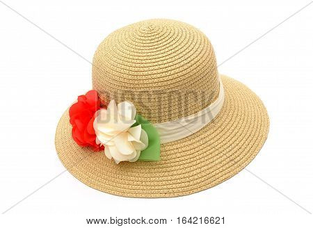 Stilish summer straw hat for women, isolated white background