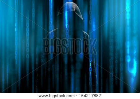 Hacker with a hood and blue binary code matrix. Hacking the confidential secret data.