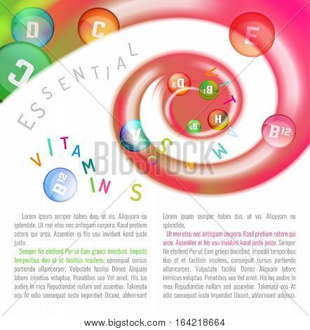 Vitamin complex. Different vitamins in pills flying in a swirl. Medical and pharmaceutical image. Beautiful vector illustration with copyspace for leaflet, brochure, poster or advertorial design.