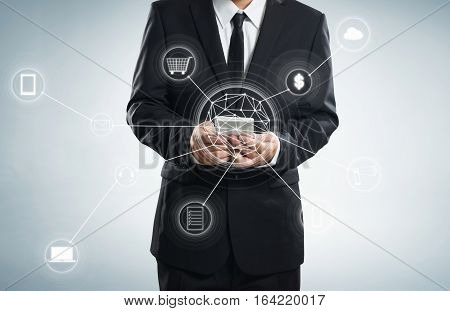 Man using mobile payments online shopping and icon customer network connection on screen m-banking and omni channel