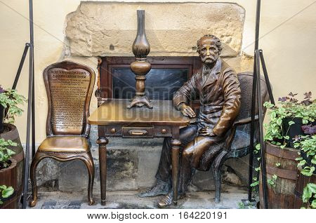 Lviv Ukraine - September 07 2016: Monument to Jan Zeh and Ignacio Lukasiewicz the inventors of the kerosene lamp