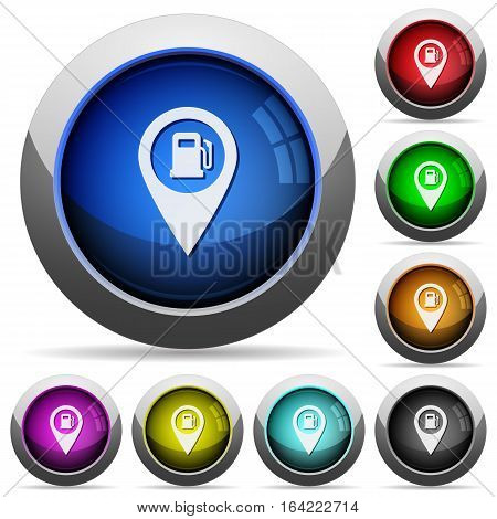 Gas station GPS map location icons in round glossy buttons with steel frames