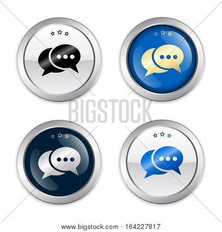 Messenger seal or icon set with speech balloons symbol. Glossy silver seal or button.