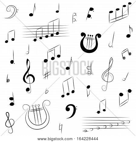 Hand Drawn Set of Music Symbols. Doodle Treble Clef Bass Clef Notes and Lyre. Vector Illustration.