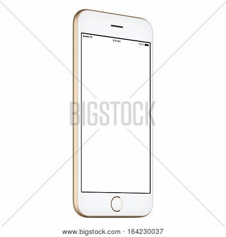 Gold mobile smartphone mock-up slightly counterclockwise rotated with blank screen isolated on white background. You can use this smart phone mockup for your web-project or UI-design presentation.
