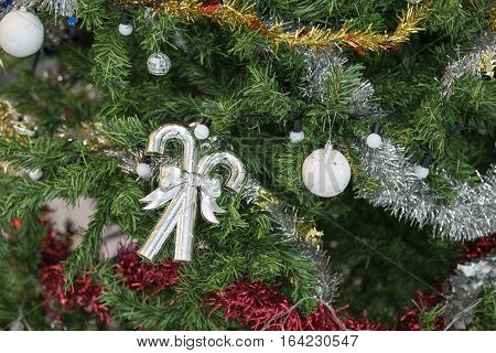 close up texture decotate artificial pine tree in merry Christmas festival